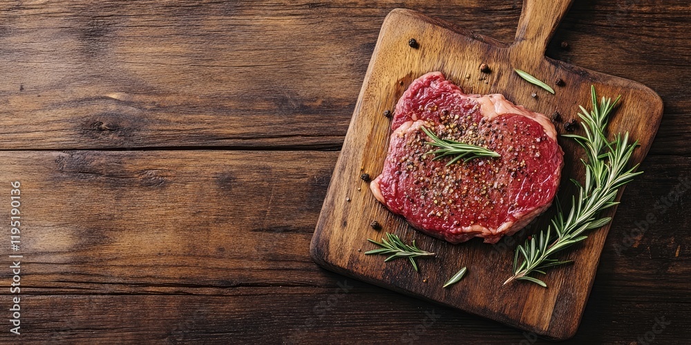 Freshly seasoned beef steak on a rustic wooden cutting board with green rosemary accents against a dark wooden backdrop ample copy space left Freshly seasoned beef steak on a rustic wooden cutting board with green rosemary accents against a dark wooden backdrop ample copy space left