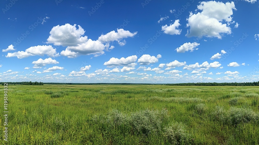 Obraz premium Green grass and blue sky with clouds Nature background