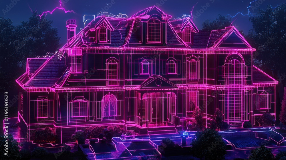 Fototapeta premium A neon outline of a mansion illuminated at night.