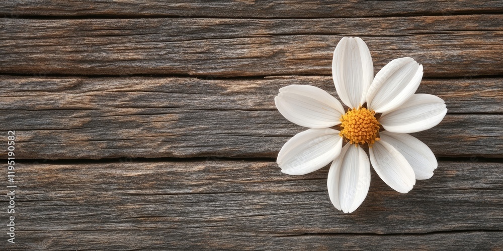 Obraz premium Delicate white flower with yellow center positioned on weathered wooden background showcasing natural textures and earthy tones.