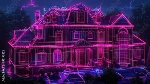A neon outline of a mansion illuminated at night.