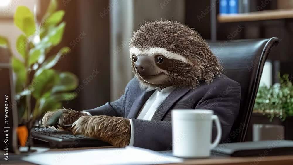 funny sloth in business suit using computer in modern office