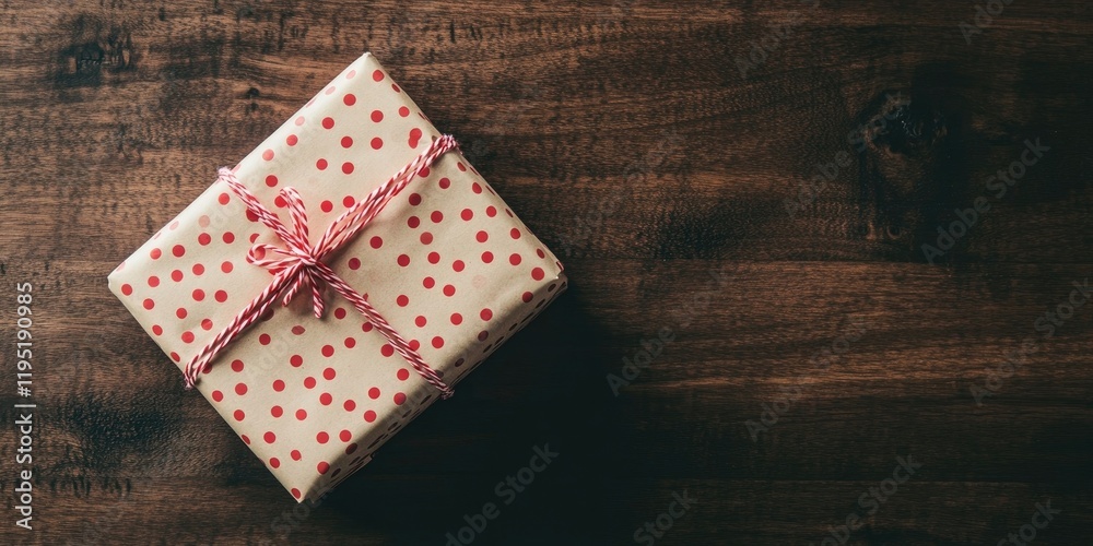 Fototapeta premium Festive gift box wrapped in cream crafting paper with red polka dots positioned top left on a dark wooden surface showcasing holiday cheer
