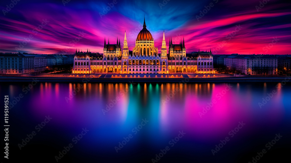 Naklejka premium A stunning view of the Hungarian Parliament Building illuminated against a vibrant sunset, reflecting off the water's surface.