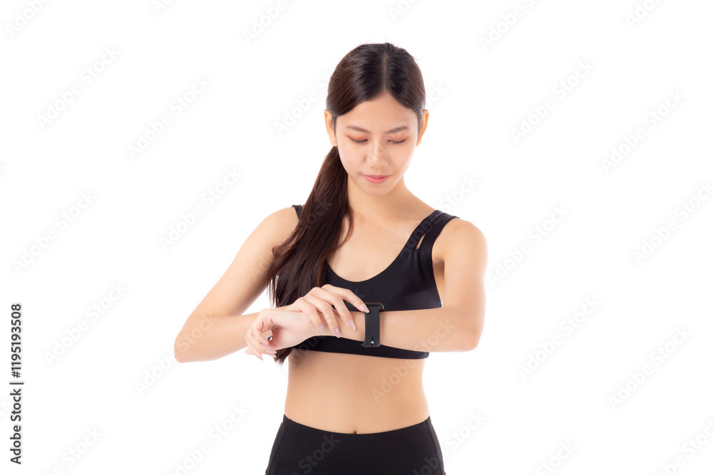 Happy young asian woman looking smartwatch for exercise and aerobics with cardio isolated on white background, female looking smart watch with wrist for pulse while workout with health, sport concept. Happy young asian woman looking smartwatch for exercise and aerobics with cardio isolated on white background, female looking smart watch with wrist for pulse while workout with health, sport concept.
