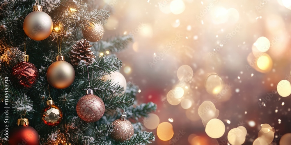 Christmas tree adorned with golden and red ornaments positioned on the left with a warm bokeh background of soft golden lights on the right Christmas tree adorned with golden and red ornaments positioned on the left with a warm bokeh background of soft golden lights on the right