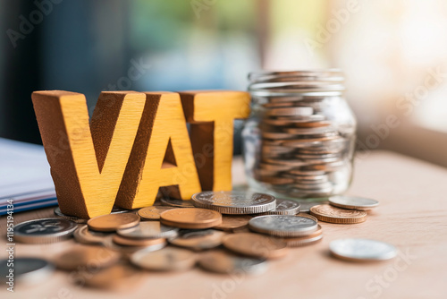 VAT letters made of wood with coins scattered around and jar of coins in background, symbolizing taxation and finance. warm lighting adds sense of importance to scene