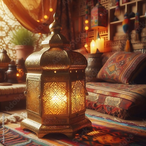 Intricately Designed Brass Lantern: Warm Glowing Light in a Cozy Traditional Setting