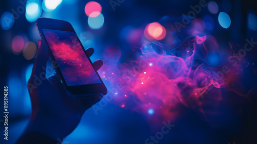 Digital Connection in Neon Glow: A hand holds a smartphone, emanating a digital cloud of glowing smoke, hinting at the intangible connections we forge in the digital age.