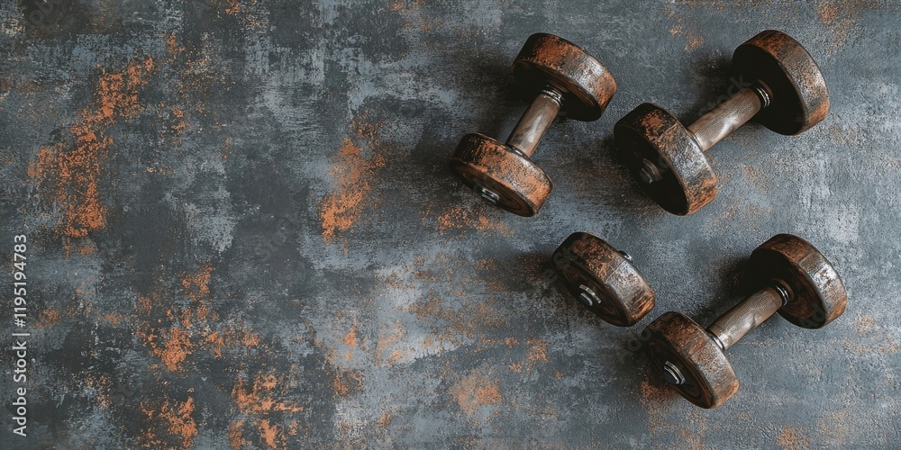 Rusty dumbbells arranged on a textured dark gray surface with hints of orange rust, emphasizing fitness and strength training themes. Rusty dumbbells arranged on a textured dark gray surface with hints of orange rust, emphasizing fitness and strength training themes.