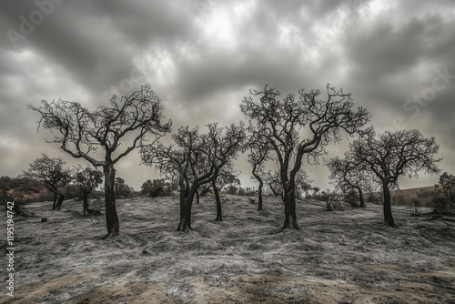 
Charred remnants of a forest after a California wildfire, blackened trees standing against a gray ash-covered ground, under a somber cloudy sky photo