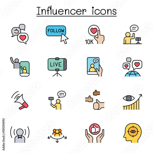 Influence people & Brand ambassador icon set in thin line style