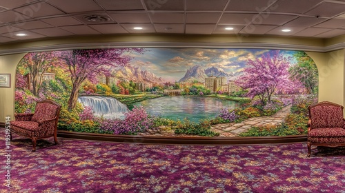 Grand hallway with a mural depicting a beautiful landscape, featuring a serene lake, cascading waterfall, blossoming trees, and mountains.  Ornate seating areas with plush armchairs are placed on eith photo