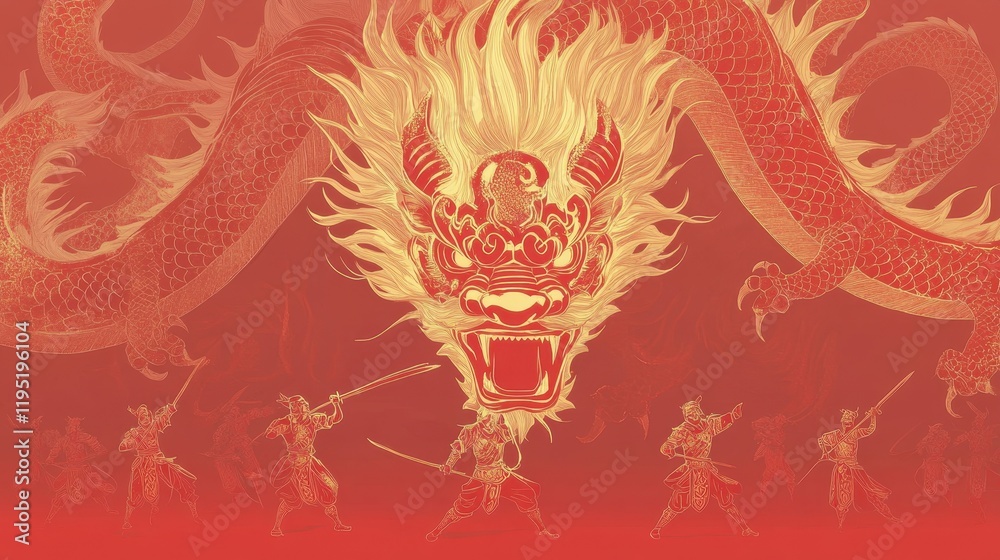 Fototapeta premium Majestic Dragon Illustration with Warriors on Vibrant Red Background