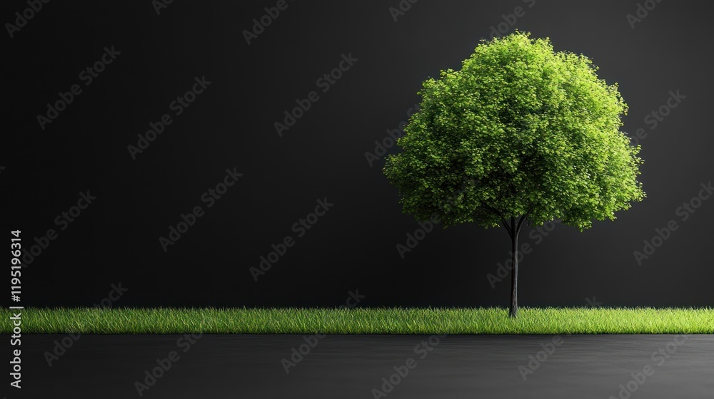 Obraz premium Lush green tree standing on a vibrant grass patch against a dark background, symbolizing nature's beauty