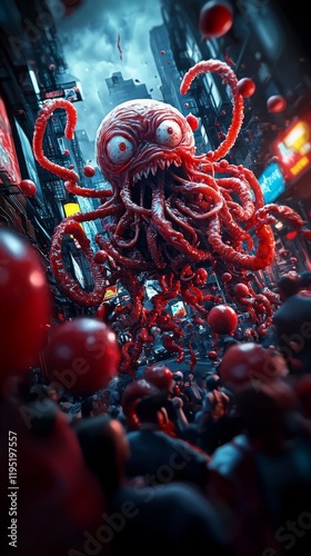 Terrifying giant spaghetti monster with pasta tentacles and meatball eyes rampaging through New York, leaving a marinara trail photo