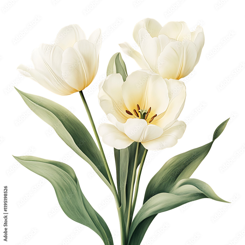 Fototapeta premium Elegant White Tulips with Soft Green Leaves Against Dark Background