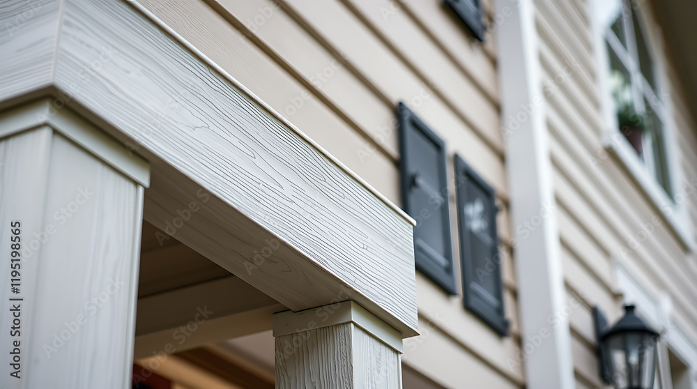 Fototapeta premium Close-up view of a house's exterior, showcasing the porch's wooden details and design elements. The image highlights the architectural features and craftsmanship of the home's construction.
