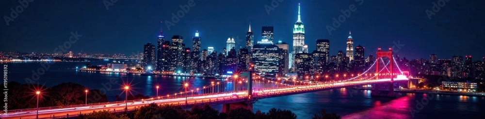 Fototapeta premium Vibrant colored light trails paint a dynamic Manhattan nightscape , bright, photography, street photography