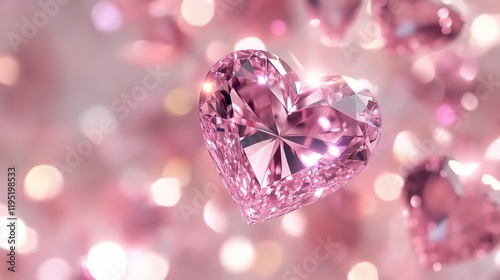 A stunning pink heart-shaped diamond taking center stage amidst a backdrop of soft, glowing pink bokeh lights, symbolizing luxury and love. photo