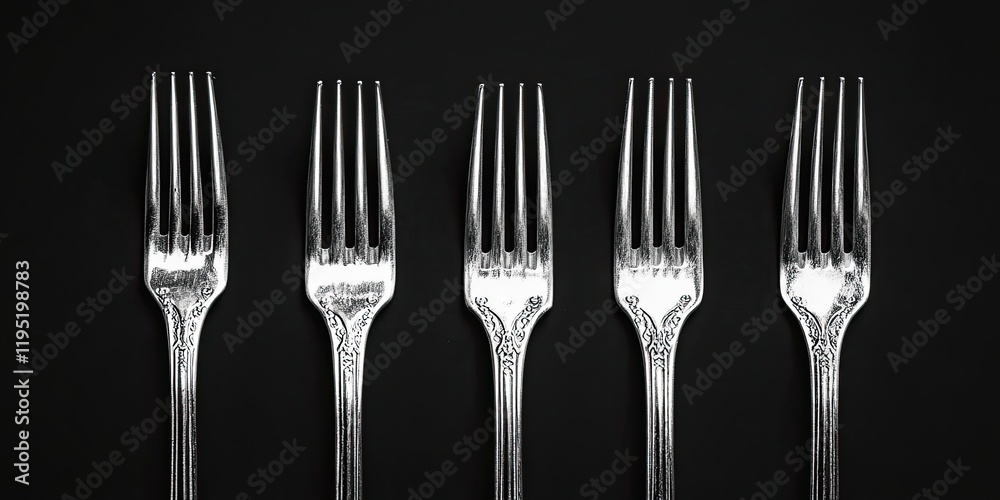 Five polished silver forks lined up neatly against a dark black backdrop highlighting intricate details and reflections on the fork handles Five polished silver forks lined up neatly against a dark black backdrop highlighting intricate details and reflections on the fork handles