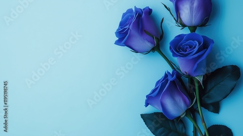 A beautiful arrangement of vibrant blue roses with lush green leaves on a soft pastel blue background, exuding an air of elegance and mystery.
