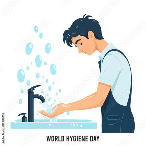 World Hygiene Day, person washing hands, vector illustration.