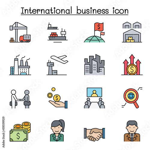 International business icon set in thin line style