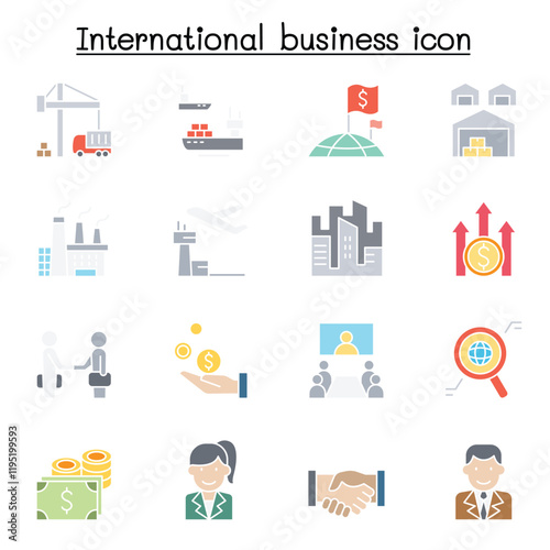 International business icons set in thin line style