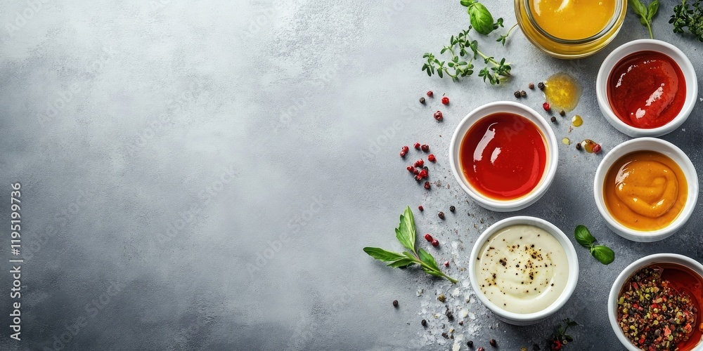 Flat lay of assorted sauces in white bowls on a gray surface with fresh herbs and spices arranged on the left side creating space for text Flat lay of assorted sauces in white bowls on a gray surface with fresh herbs and spices arranged on the left side creating space for text
