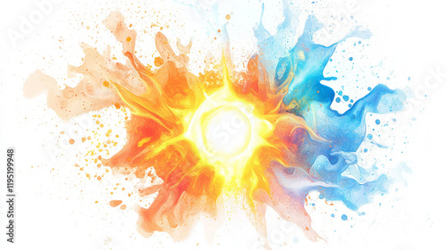 Arcane explosion of light particles, luminous glyphs spinning within magical wisps, white background