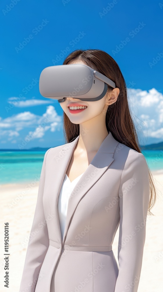 Young Woman Wearing VR Headset Enjoying Virtual Reality Experience on Sunny Tropical Beach with Clear Blue Sky and Serene Ocean Background Young Woman Wearing VR Headset Enjoying Virtual Reality Experience on Sunny Tropical Beach with Clear Blue Sky and Serene Ocean Background
