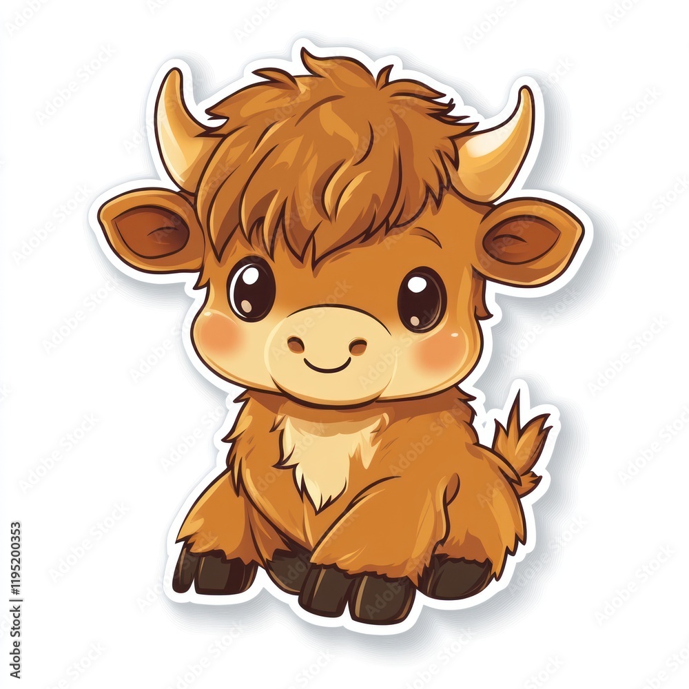 Cute Highland calf cartoon, sitting, white background, children's book illustration