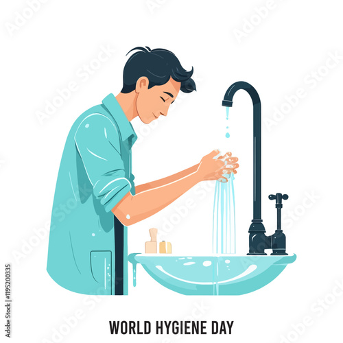 World Hygiene Day, person washing hands, vector illustration.