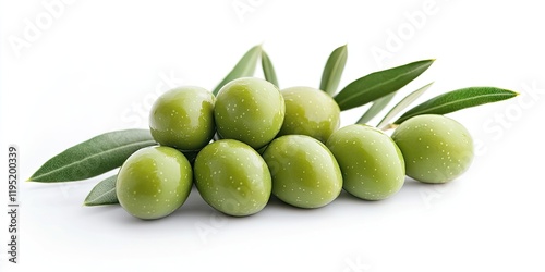 Wallpaper Mural Fresh green olives clustered on a white background with green olive leaves, eight olives in a curved line, highlighting their shine and texture. Torontodigital.ca