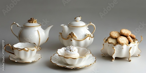Elegant fine bone china porcelain tea set with gold accents showcasing a teapot, cream jug, sugar bowl, teacup with saucer, and cookies.