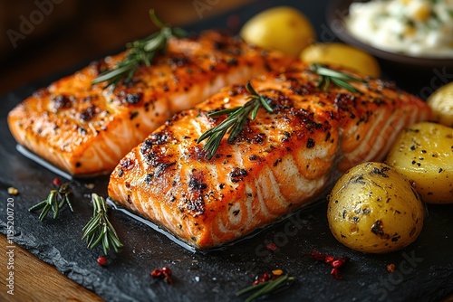Delicious Roasted Salmon with Roasted Potatoes on Dark Slate