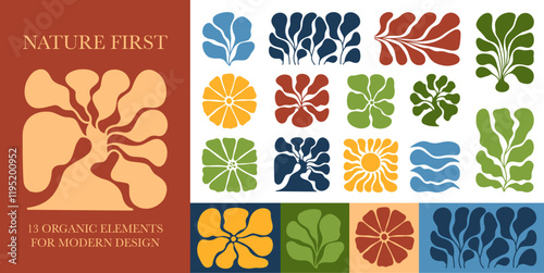 Matisse Curves in doodles. Set of Retro Minimal Colorful Botanical Shapes and Groovy Abstract Nature