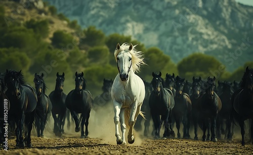 White horse leading black horses in desert landscape action scene nature photography photo