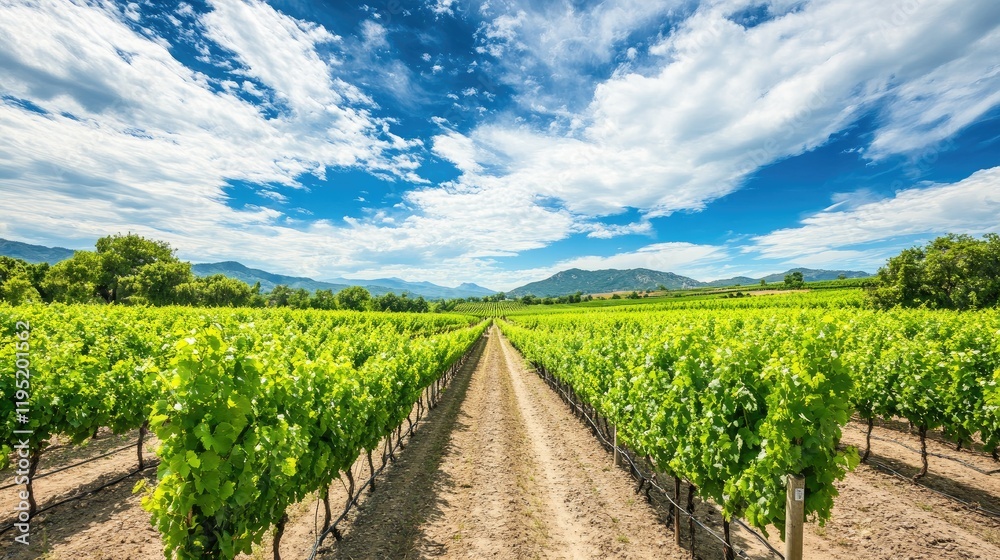 Naklejka premium A charming vineyard, where visitors enjoy wine tasting and beautiful views of rolling hills and grapevines.