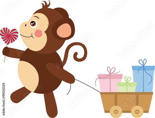 Cute monkey eating lollipop pulling wooden small cart with gifts