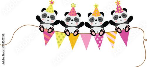 Four cute pandas on top of party flag banner