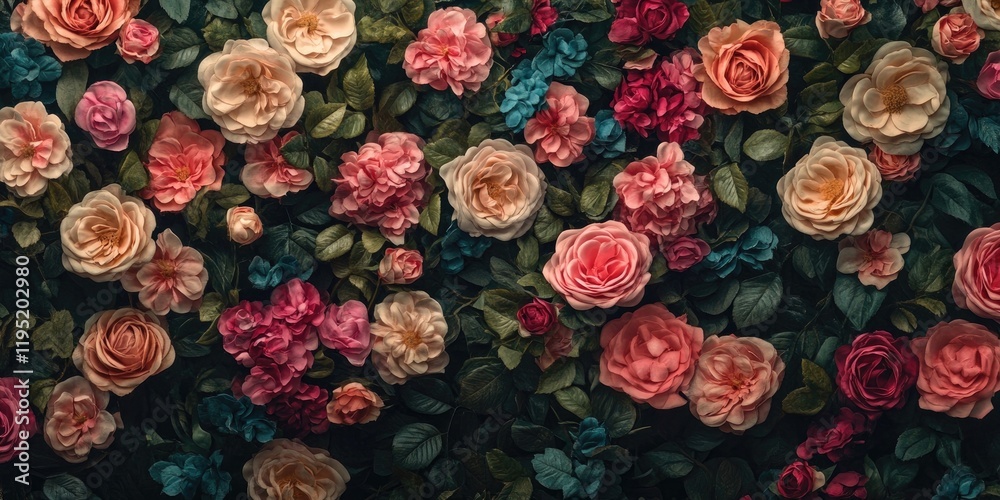 Vibrant floral backdrop with a mix of soft pink, coral, and teal roses arranged densely against a deep green background for a lush aesthetic. Vibrant floral backdrop with a mix of soft pink, coral, and teal roses arranged densely against a deep green background for a lush aesthetic.