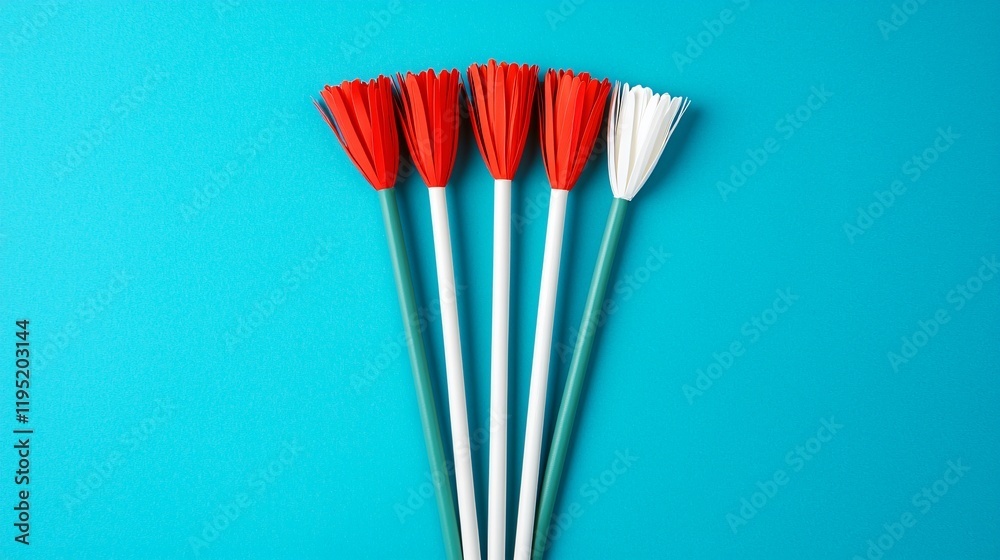 Four paper flowers, red and white, on teal background. Four paper flowers, red and white, on teal background.