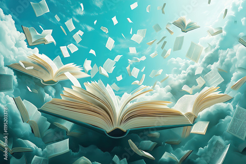 Celebrating World Book Day with open books and flying letters amidst a vibrant sky