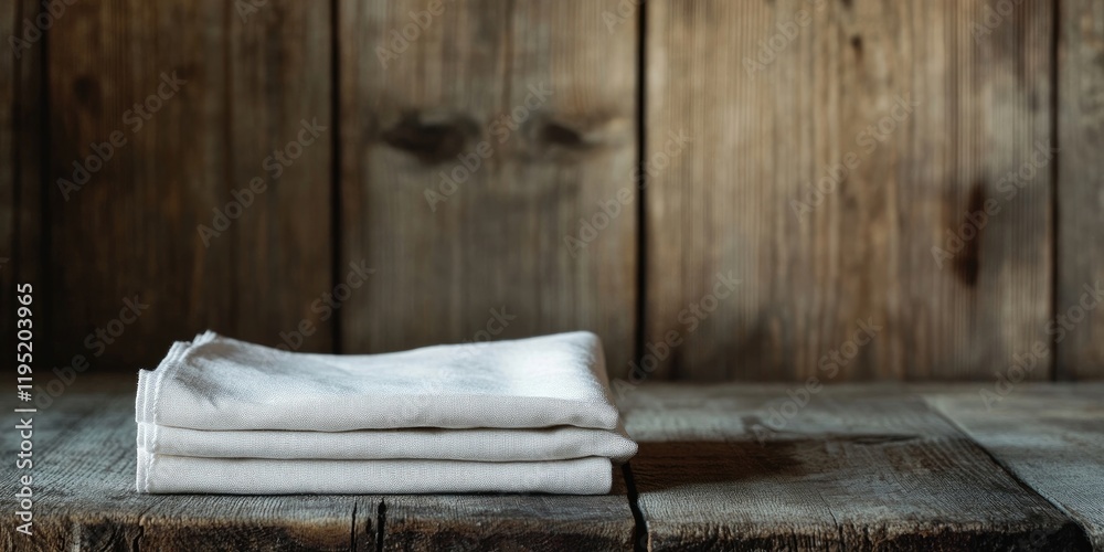 Folded white napkin placed in the corner on a textured wooden table with warm brown tones creating a rustic and cozy atmosphere. Folded white napkin placed in the corner on a textured wooden table with warm brown tones creating a rustic and cozy atmosphere.