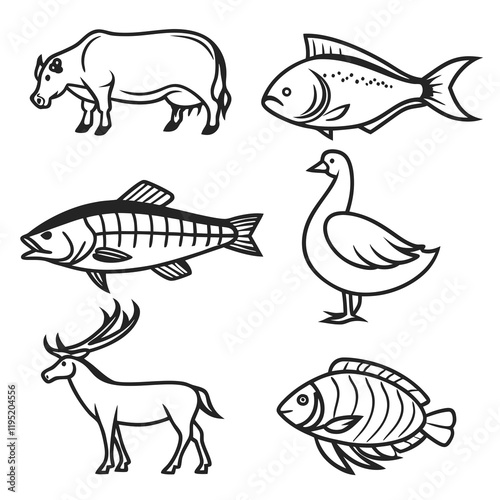 A set of  line icons representing various types of meat, fish, and poultry, including beef, pork, chicken, seafood, and game 