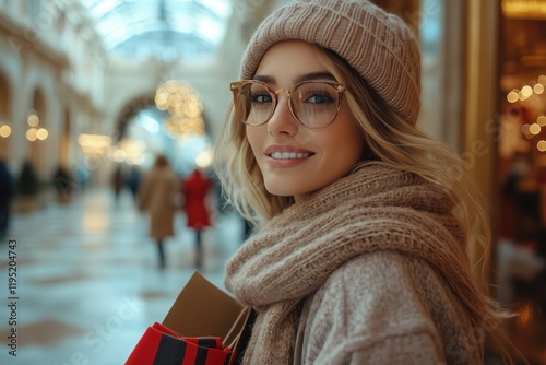 Winterliches Shopping – Frau mit Stil und Einkaufstaschen photo