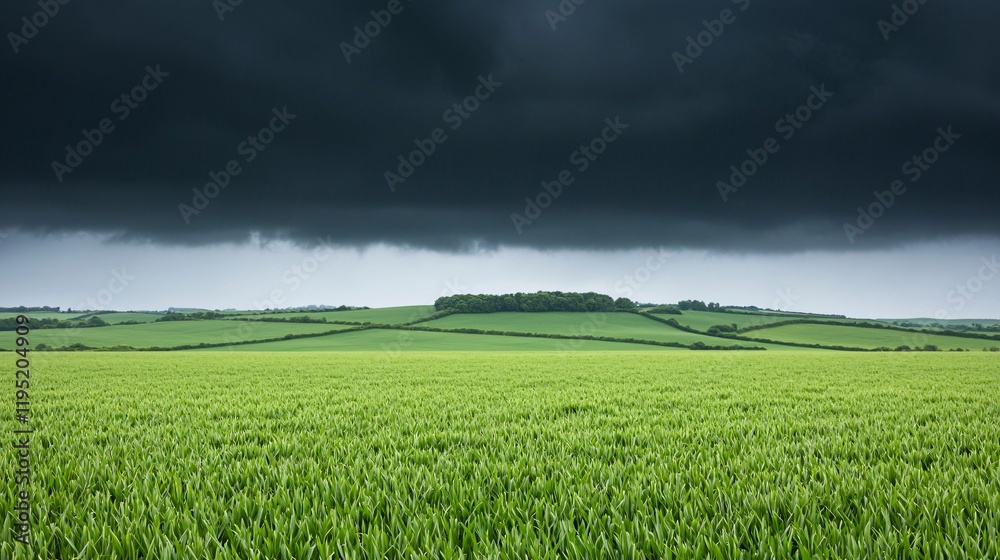 Dark storm clouds loom over a vibrant green field. Dark storm clouds loom over a vibrant green field.