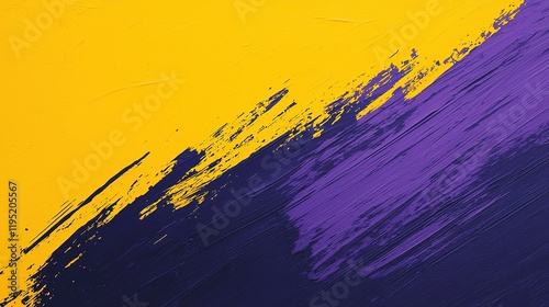 A vibrant abstract painting featuring bold strokes of yellow and purple, creating a dynamic contrast and an energetic visual appeal.